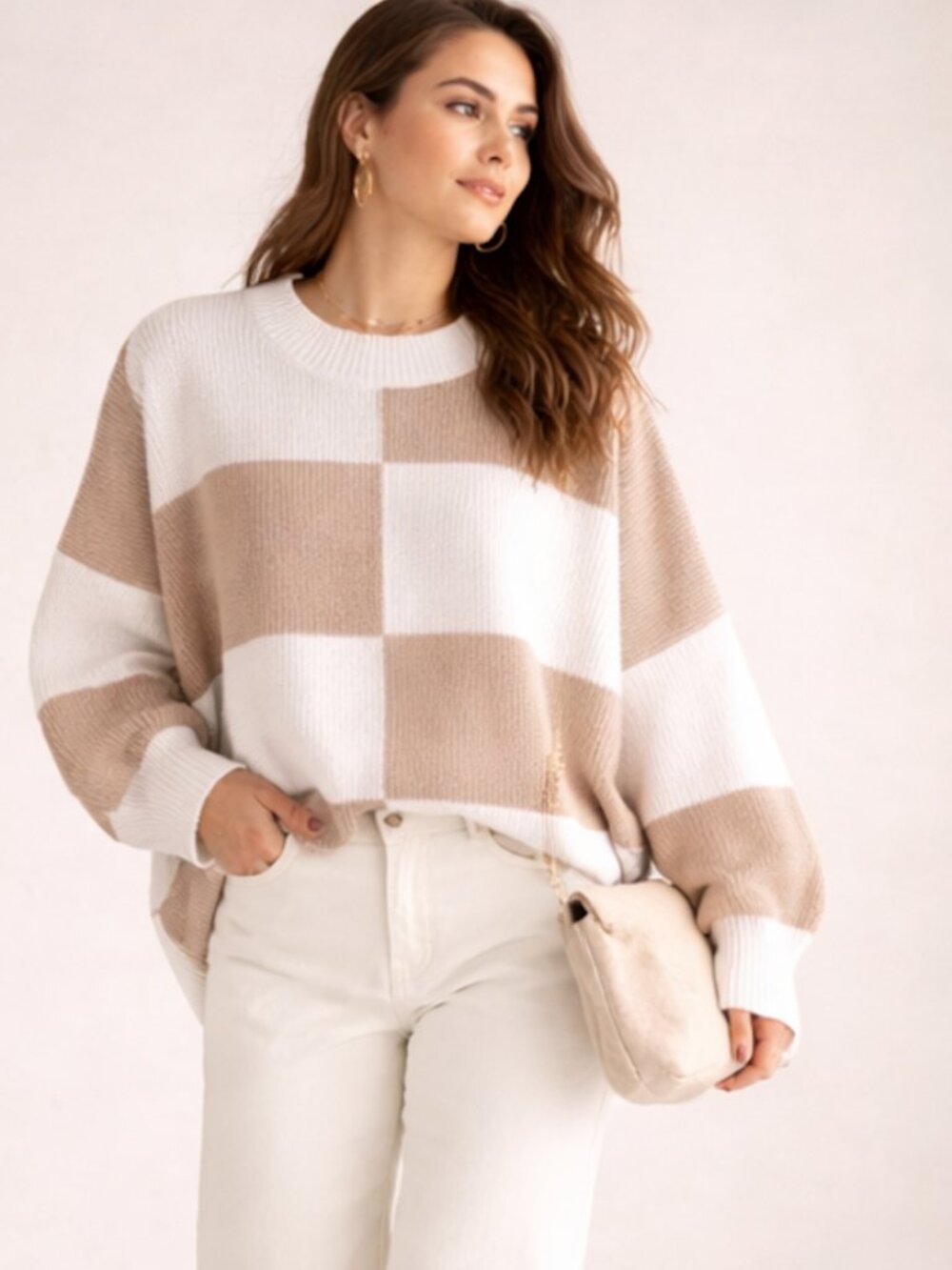 Free People Colorblock Checker Sweater Neutral Oversized Cozy